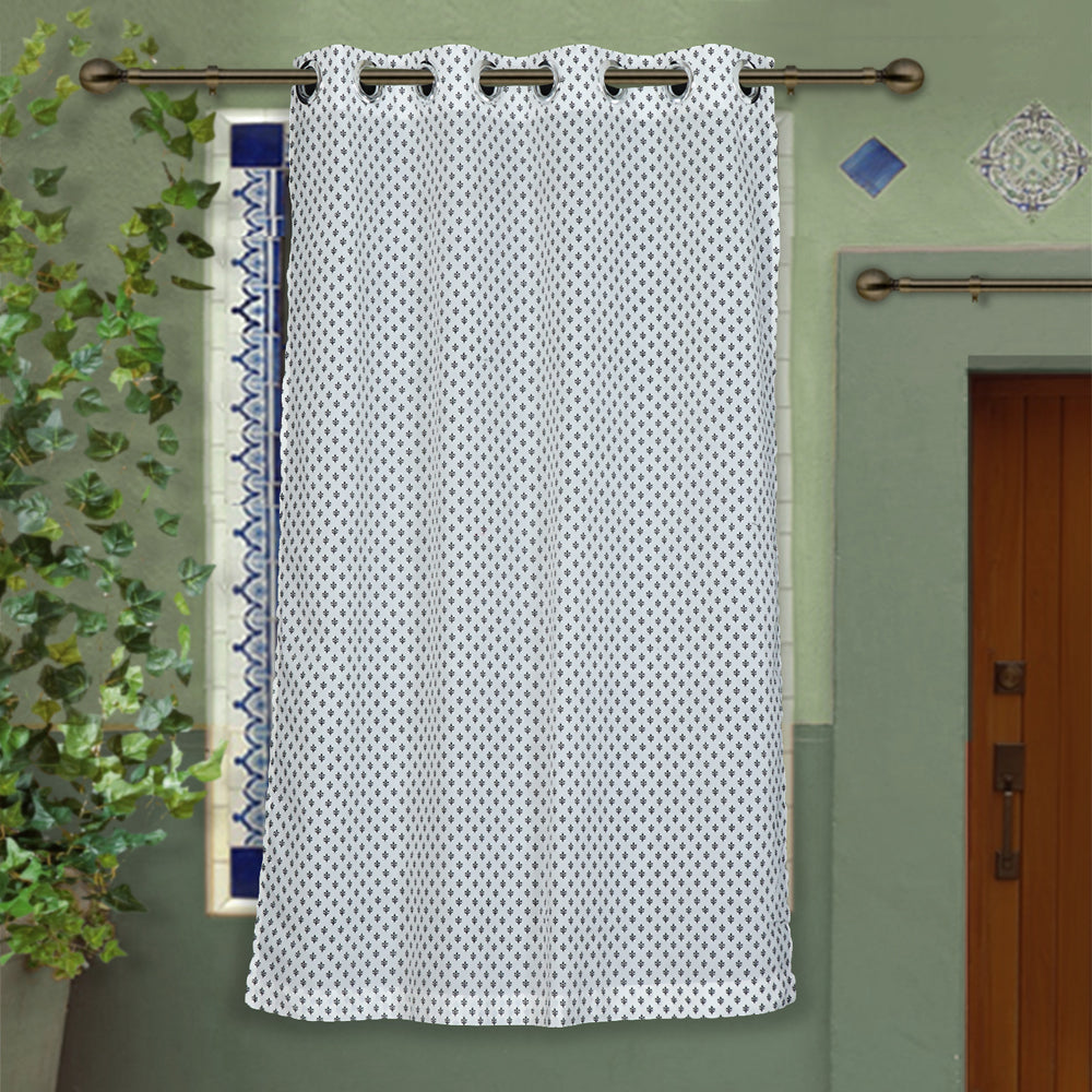 White - hand printed cotton window curtain (5 x 3.5 feet)