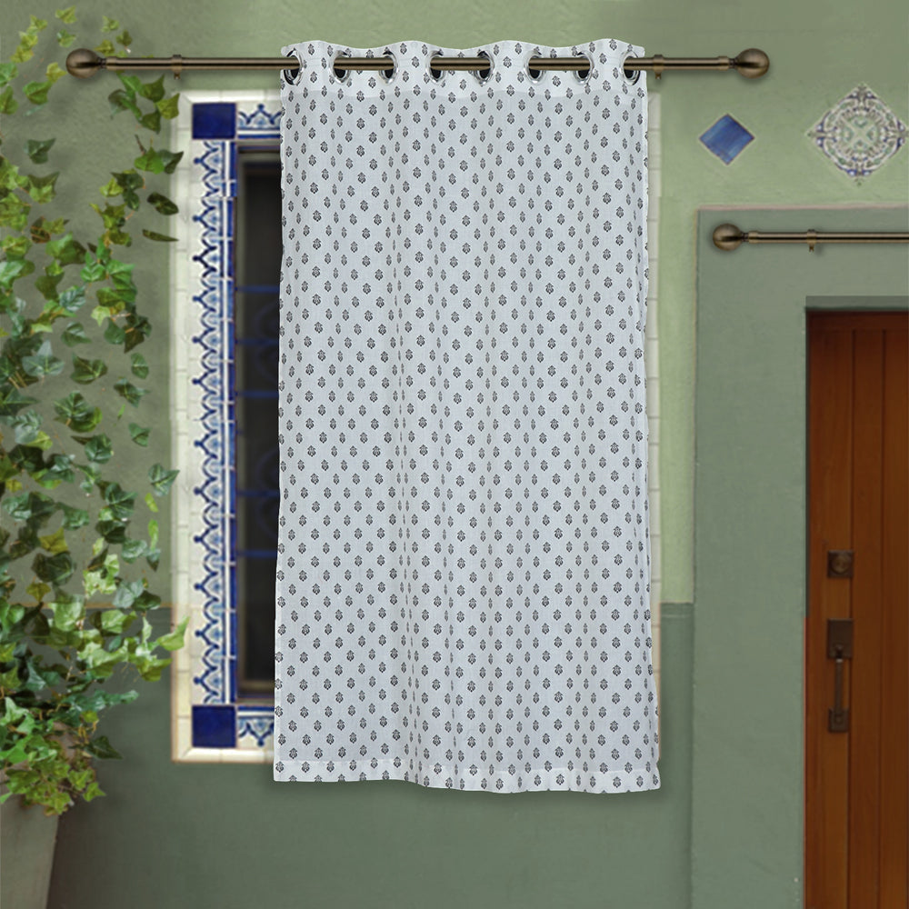 White - hand printed cotton window curtain (5 x 3.5 feet)