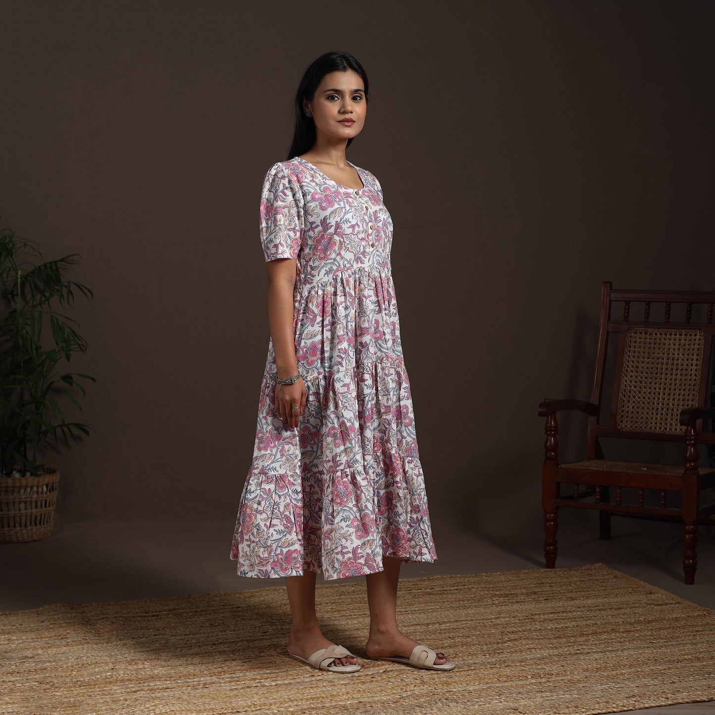 White - hand tiered sanganeri dress 02 - handcrafted