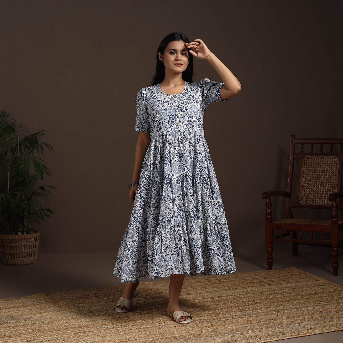 White - hand tiered sanganeri dress 03 - handcrafted