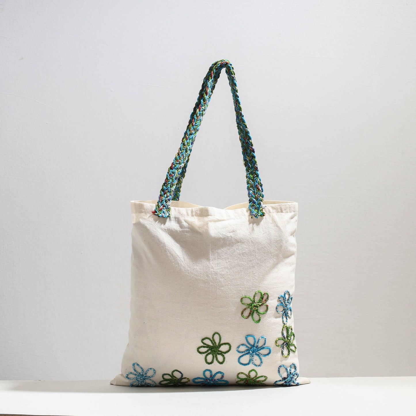 White - Handcrafted Cotton Recycled Flower Design Shoulder Bag
