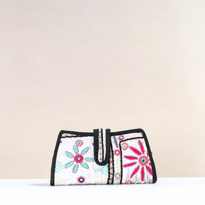 White Handcrafted Kutch Embroidery Cotton Clutch / Wallet