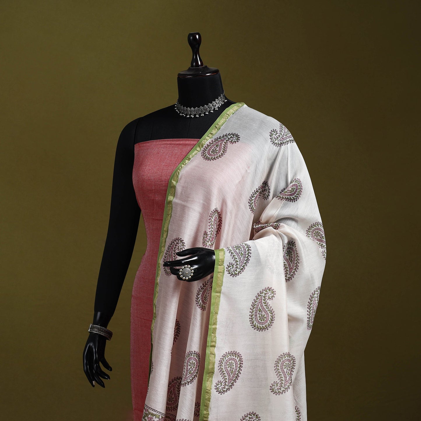 White - handloom chanderi silk hand sanganeri dupatta 47