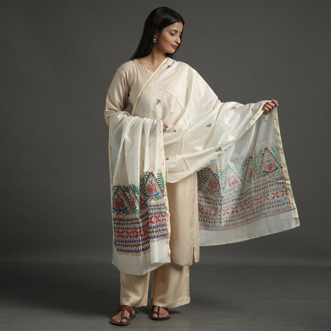 White - handloom chanderi silk handpainted madhubani