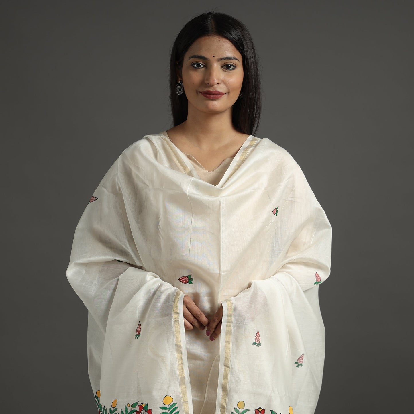 White - handloom chanderi silk handpainted madhubani