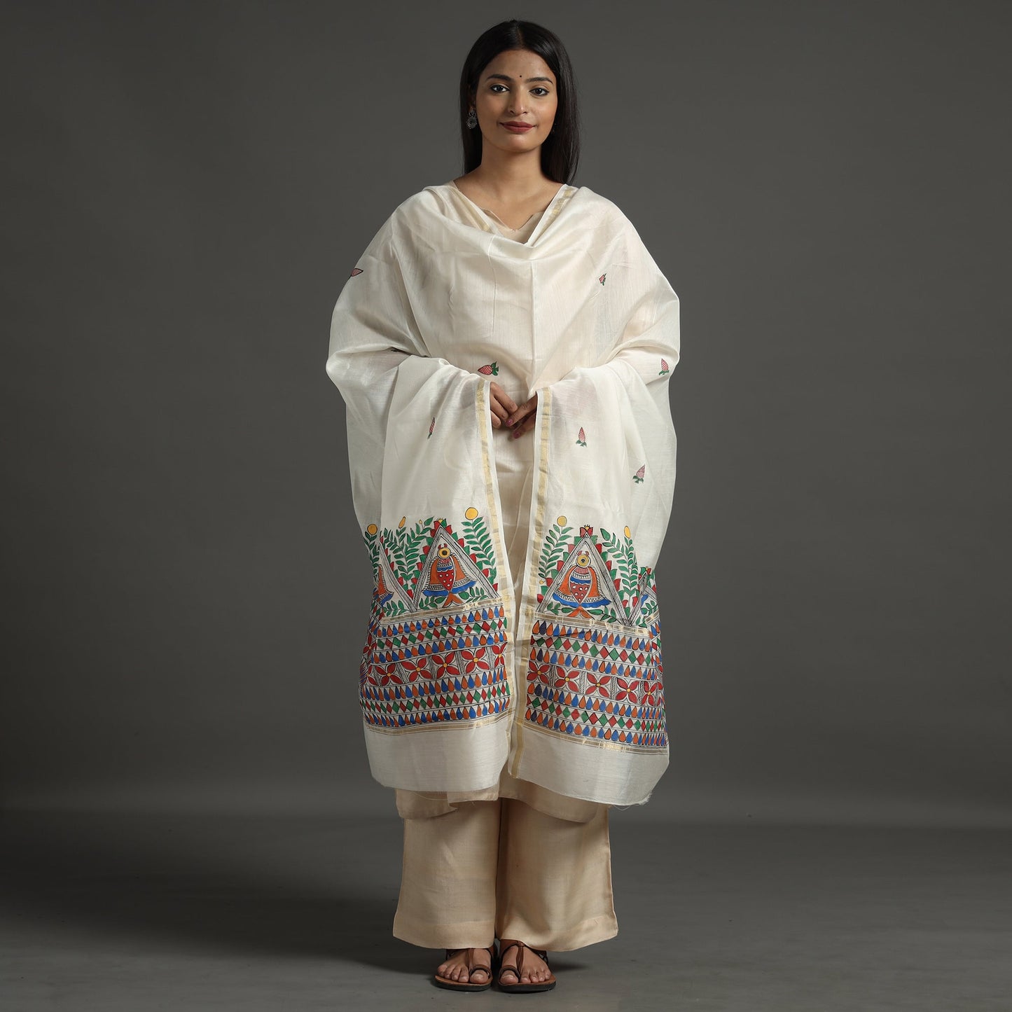 White - handloom chanderi silk handpainted madhubani