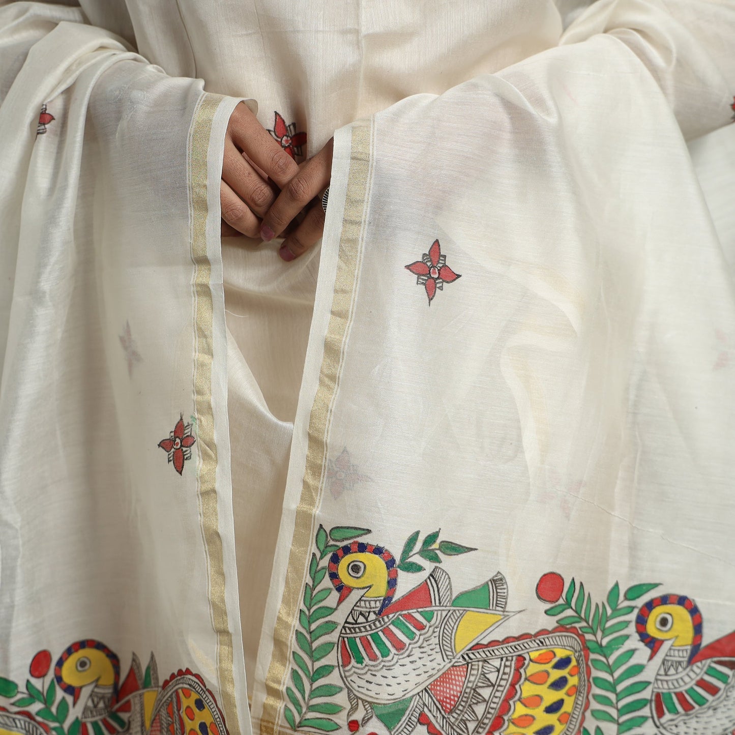 White - handloom chanderi silk handpainted madhubani
