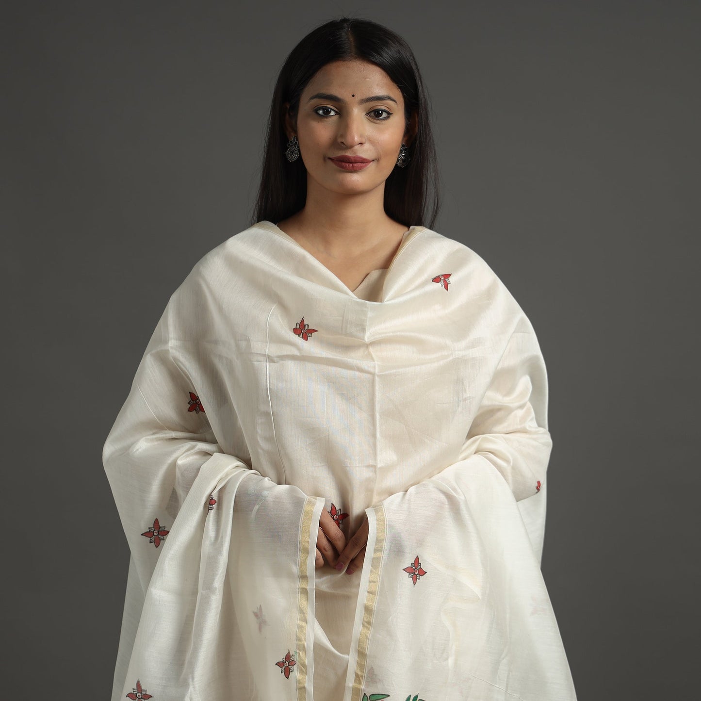 White - handloom chanderi silk handpainted madhubani