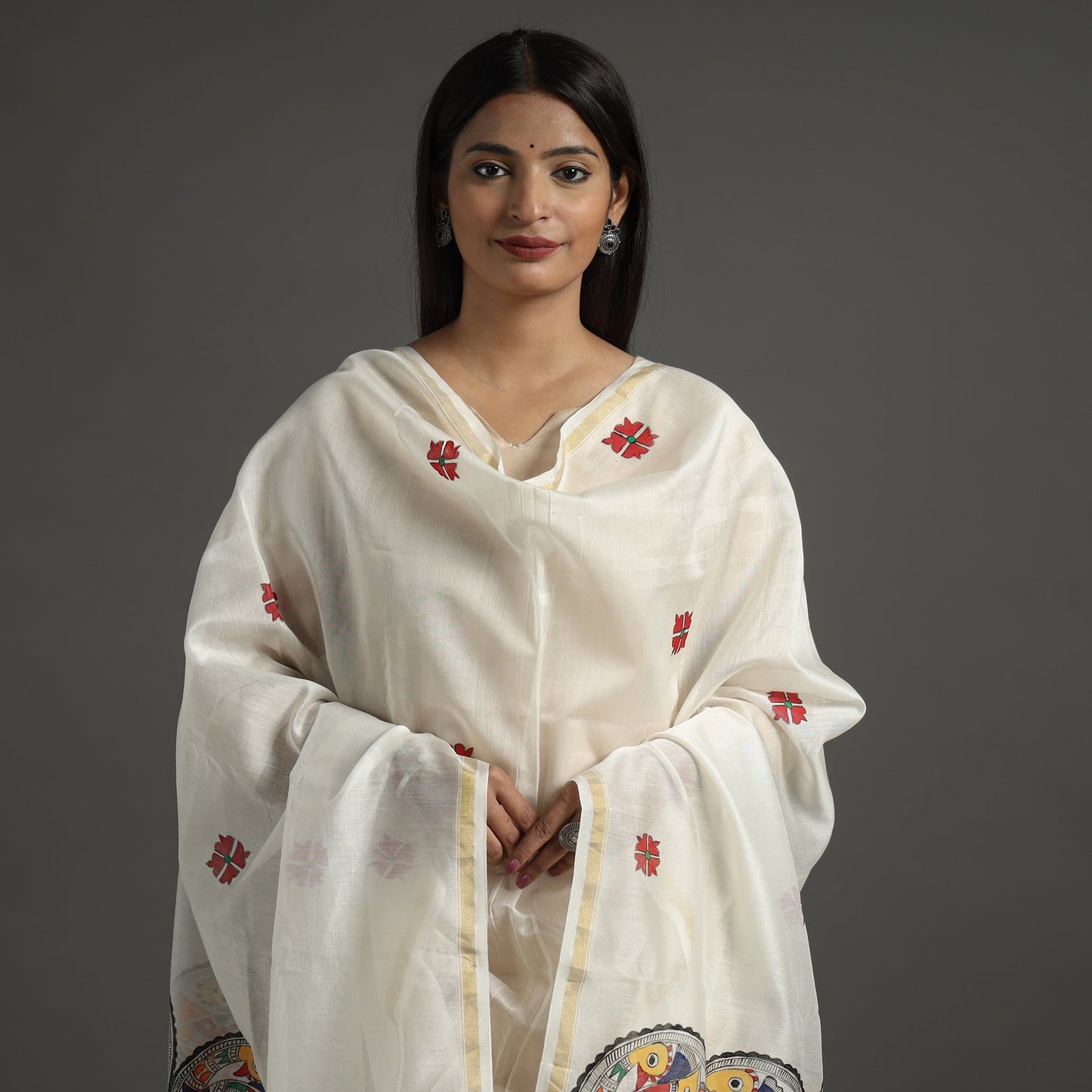 White - handloom chanderi silk handpainted madhubani