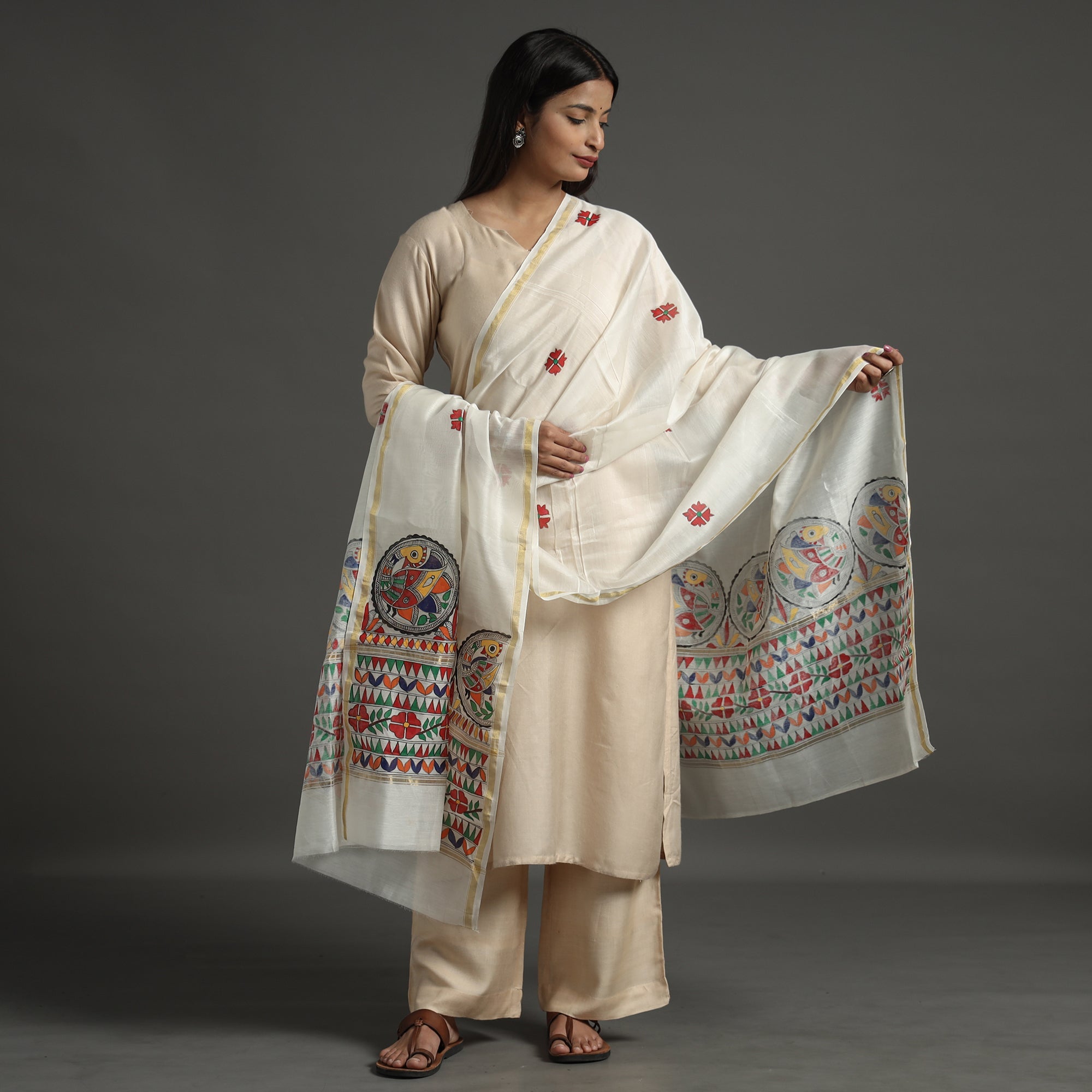 Beige - Handloom Silk Cotton Handpainted Madhubani Dupatta 05