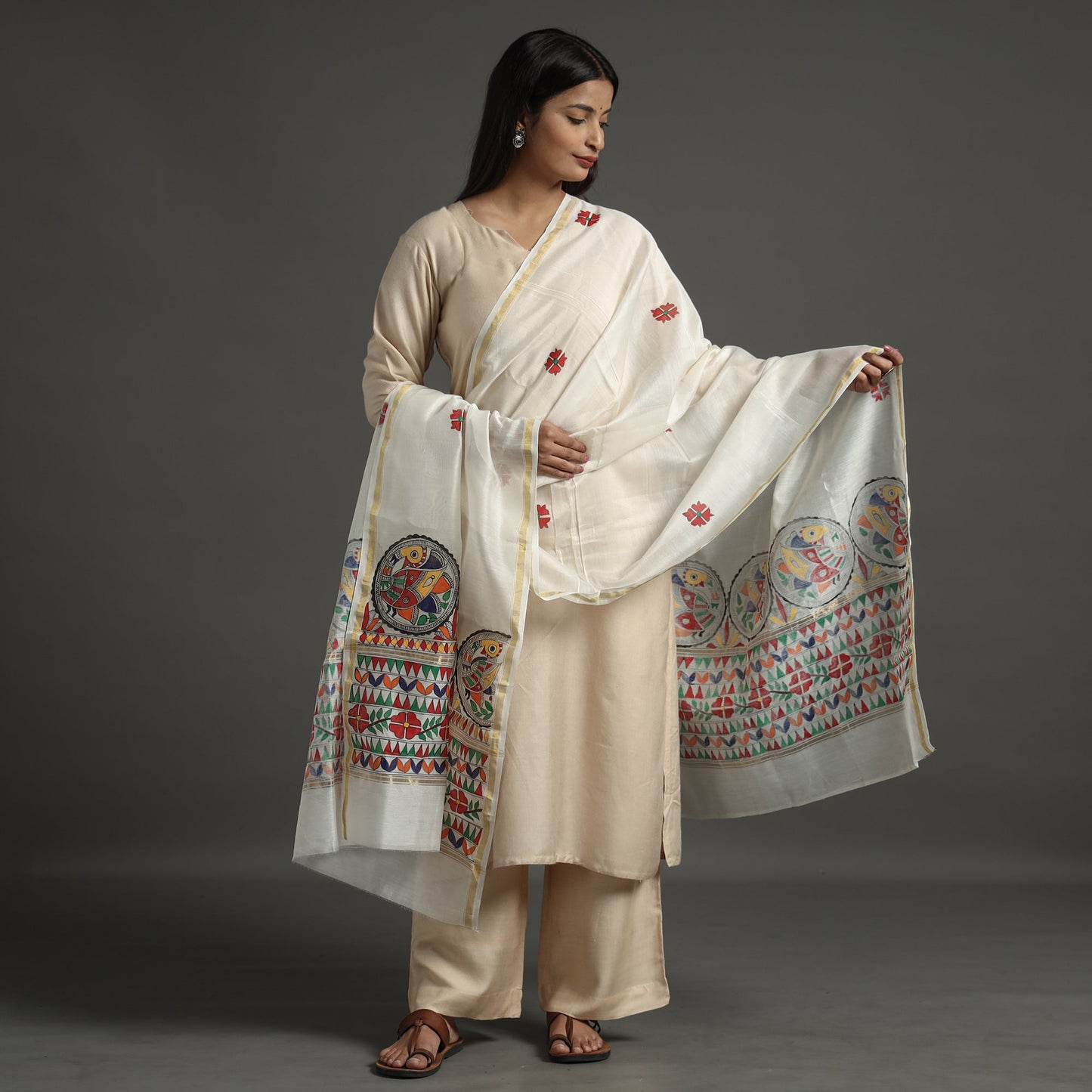 White - handloom chanderi silk handpainted madhubani