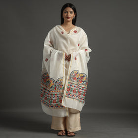 White - handloom chanderi silk handpainted madhubani