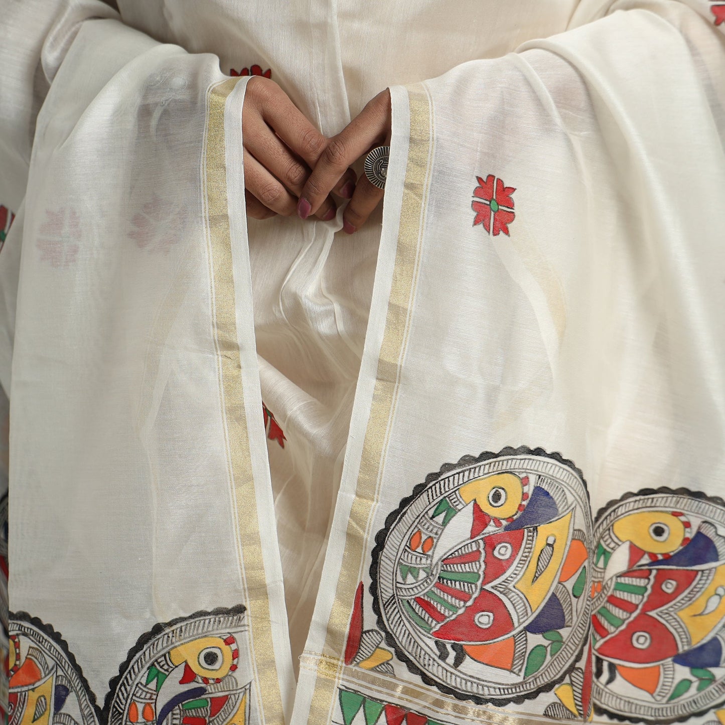White - handloom chanderi silk handpainted madhubani