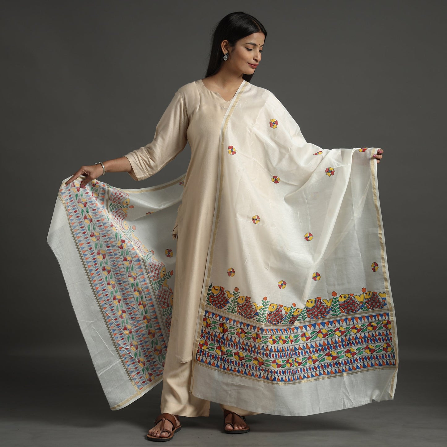 White - handloom chanderi silk handpainted madhubani