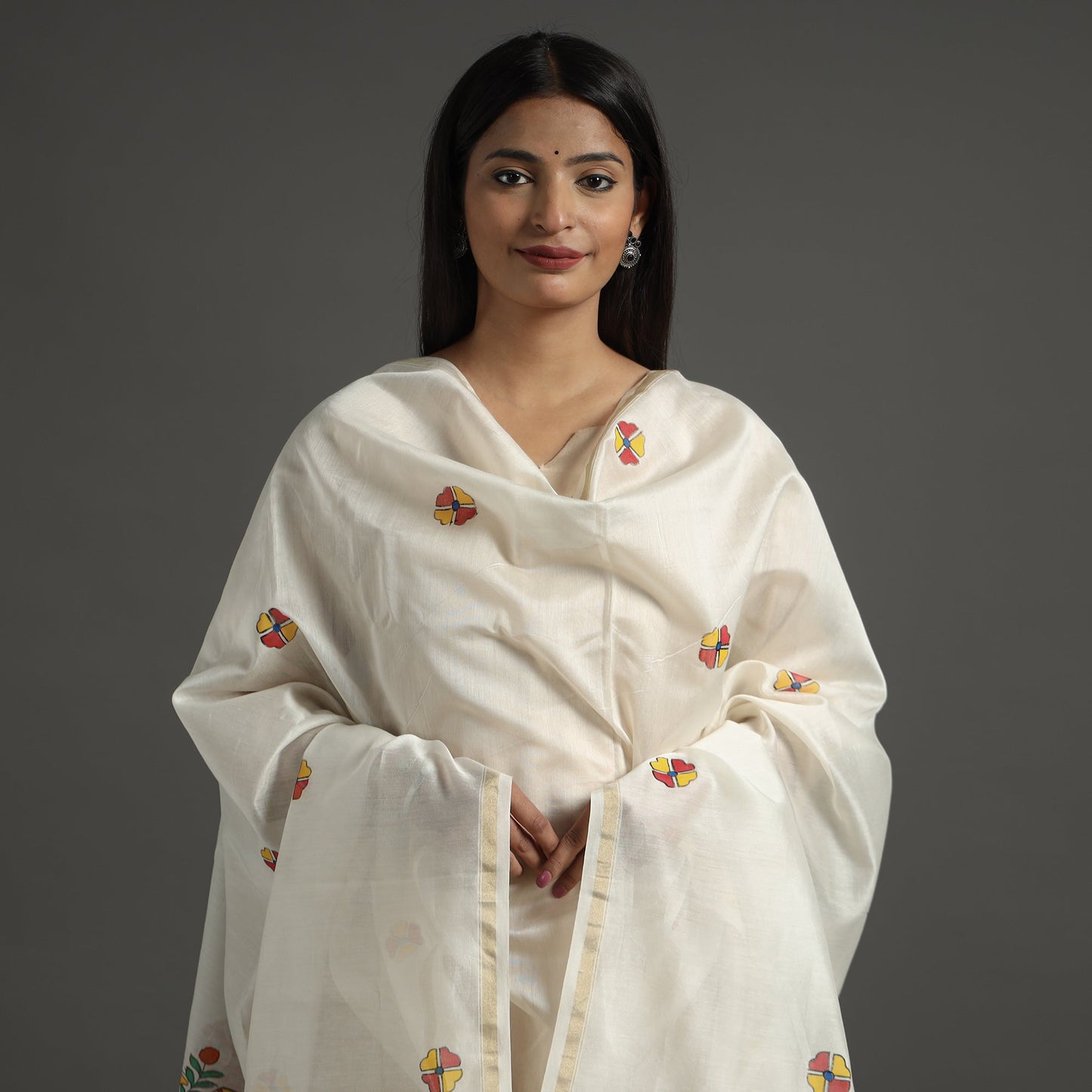 White - handloom chanderi silk handpainted madhubani