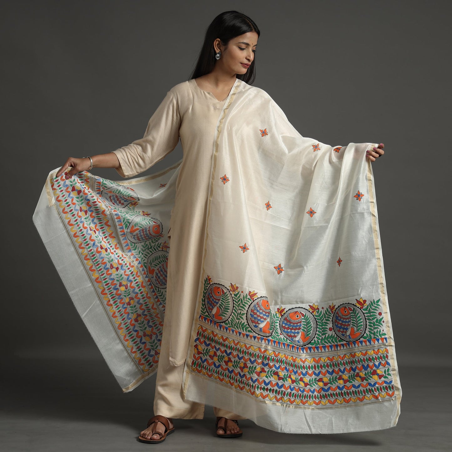 White - handloom chanderi silk handpainted madhubani