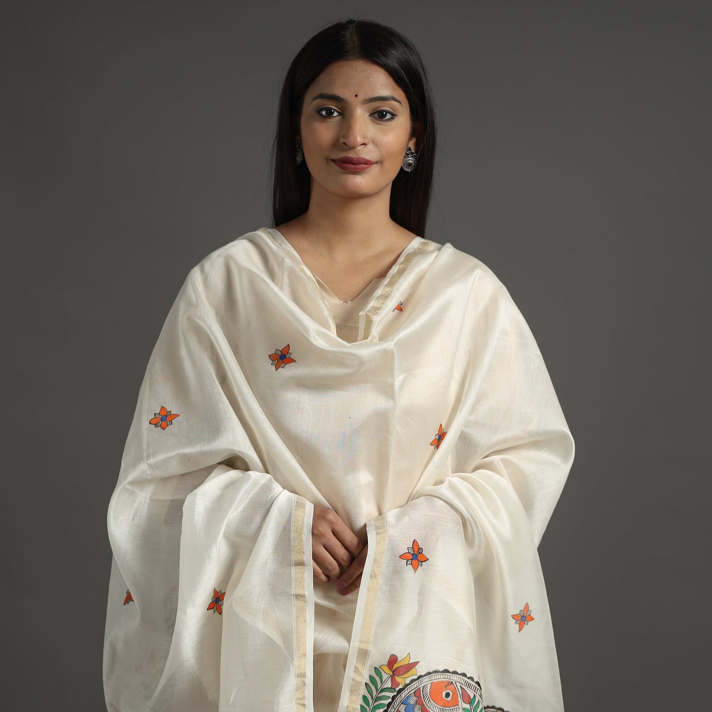 White - handloom chanderi silk handpainted madhubani