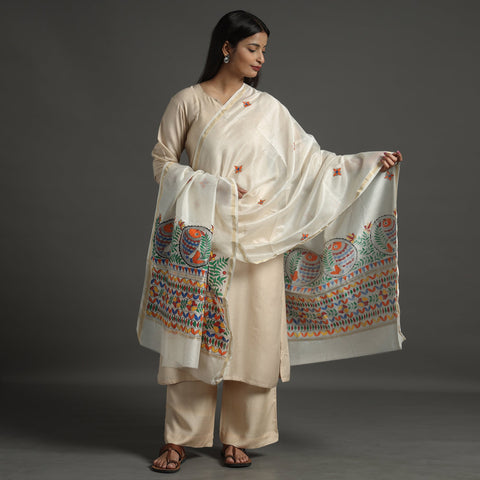 White - handloom chanderi silk handpainted madhubani