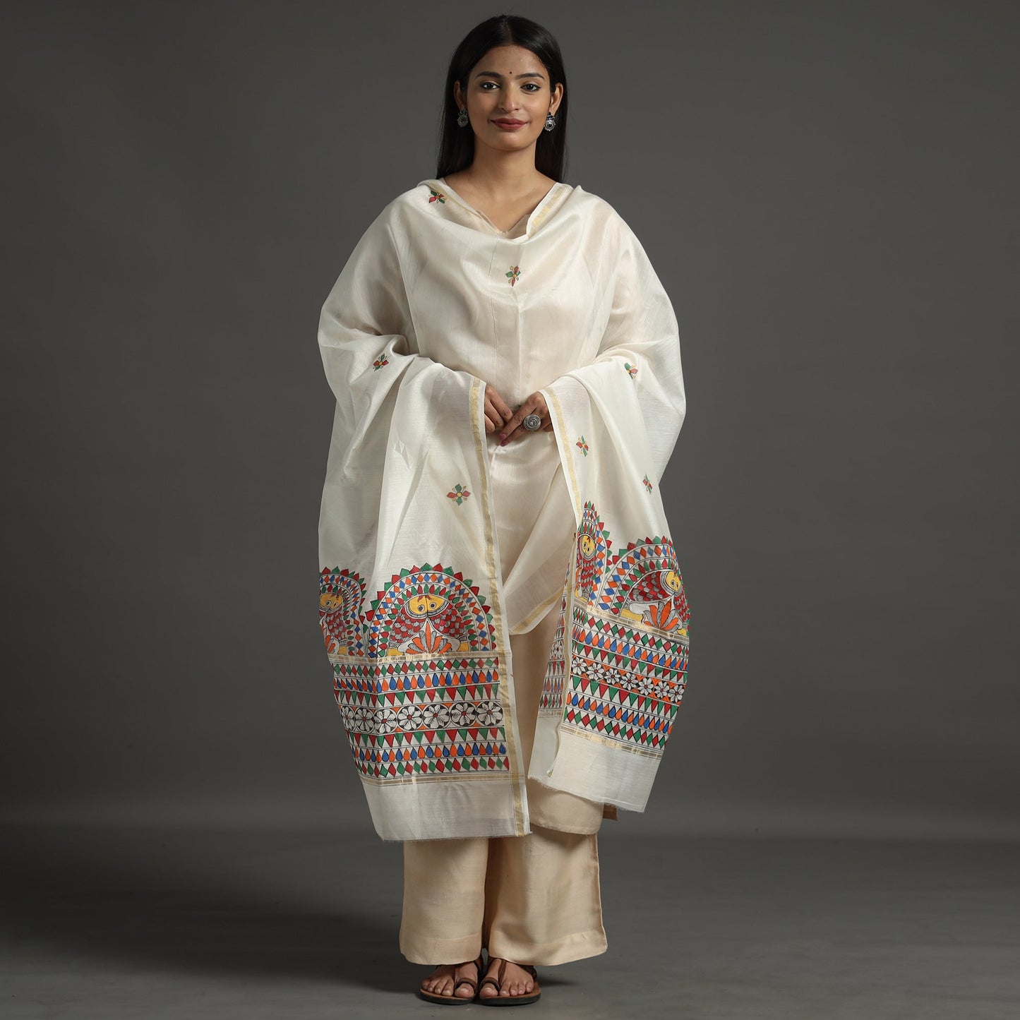 White - handloom chanderi silk handpainted madhubani