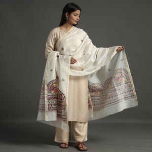 White - handloom chanderi silk handpainted madhubani