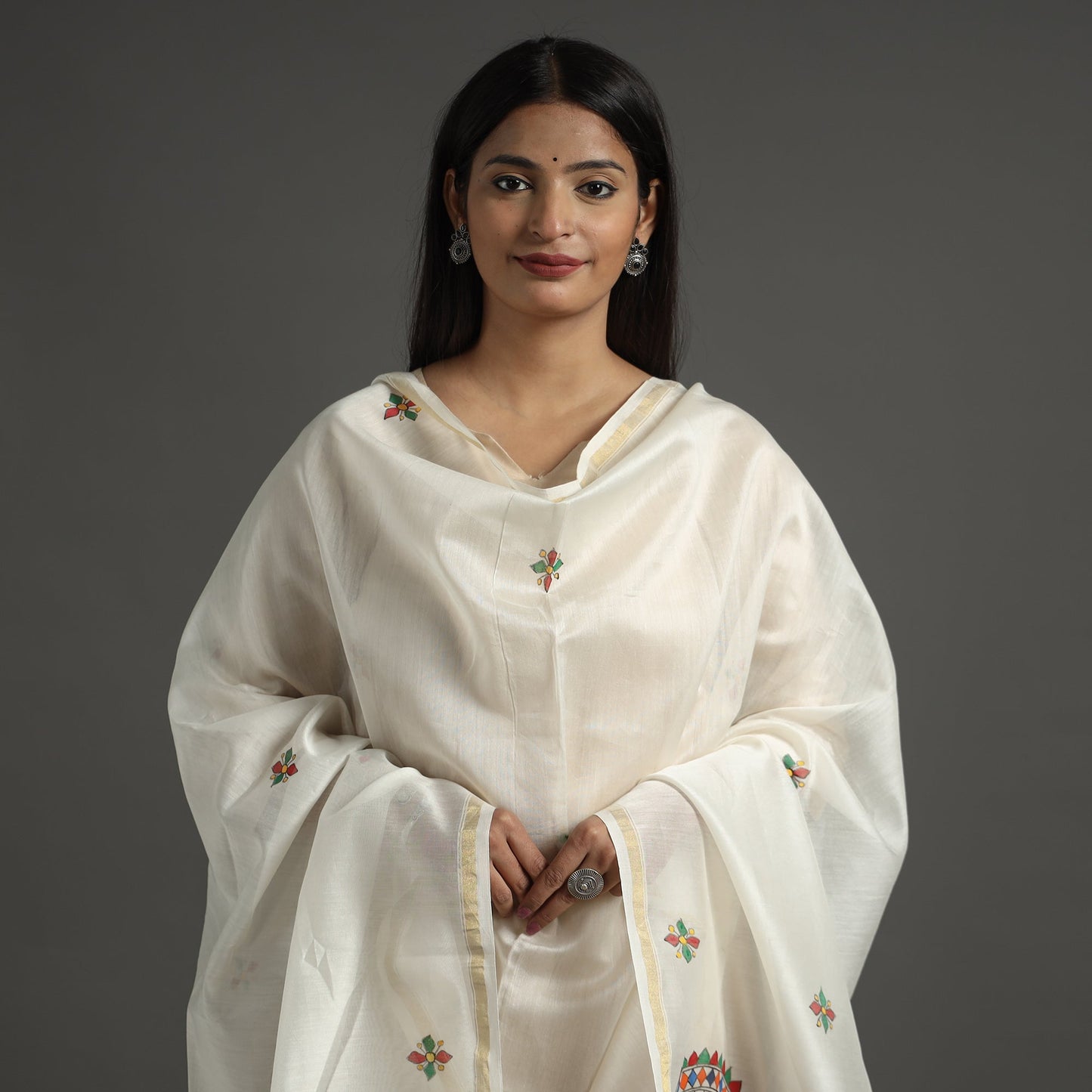 White - handloom chanderi silk handpainted madhubani