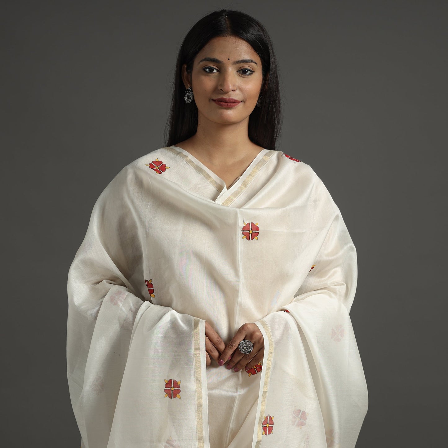 White - handloom chanderi silk handpainted madhubani