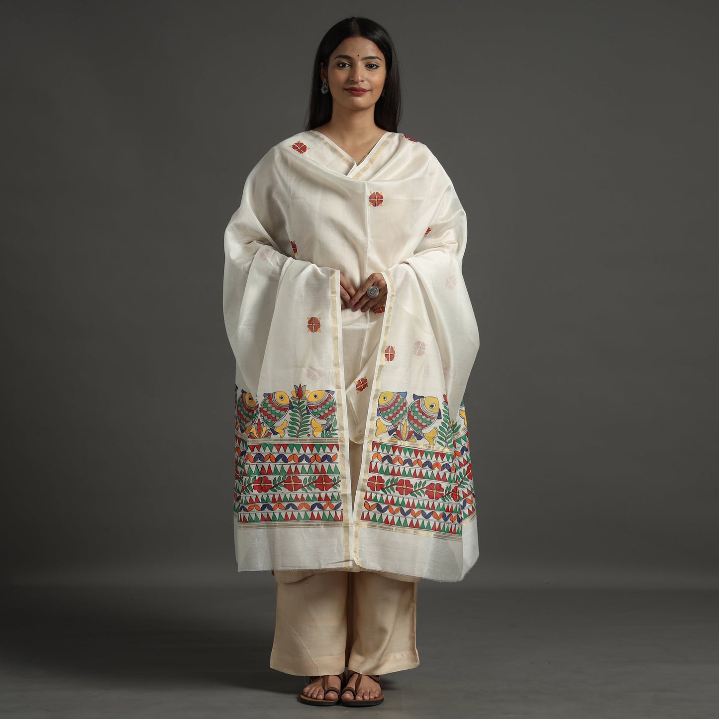 White - handloom chanderi silk handpainted madhubani