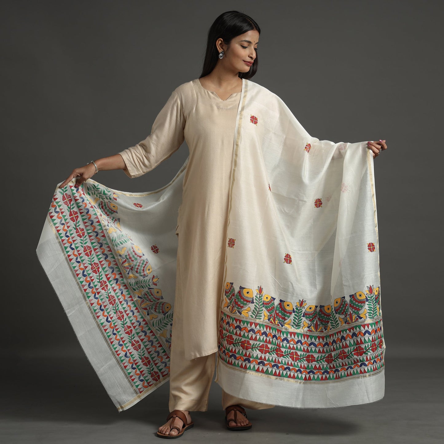 White - handloom chanderi silk handpainted madhubani