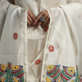White - handloom chanderi silk handpainted madhubani