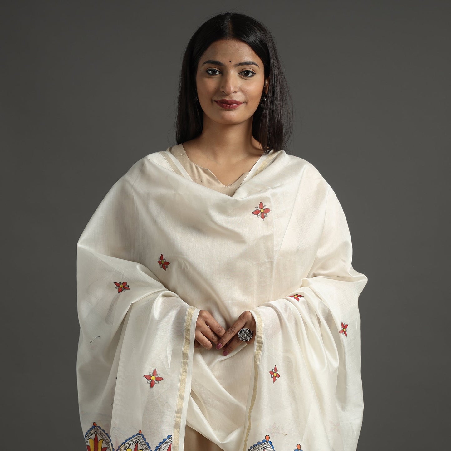 White - handloom chanderi silk handpainted madhubani