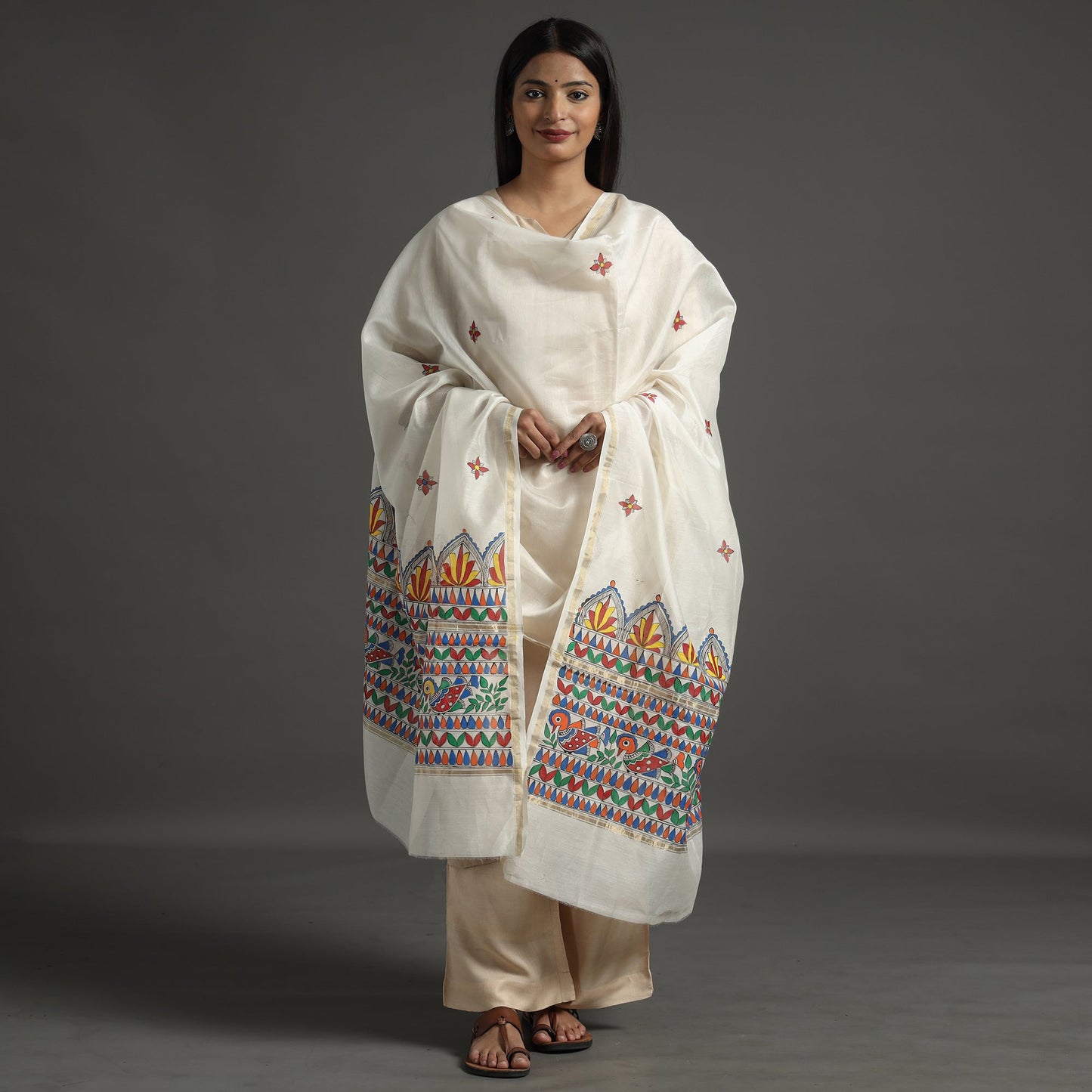 White - handloom chanderi silk handpainted madhubani