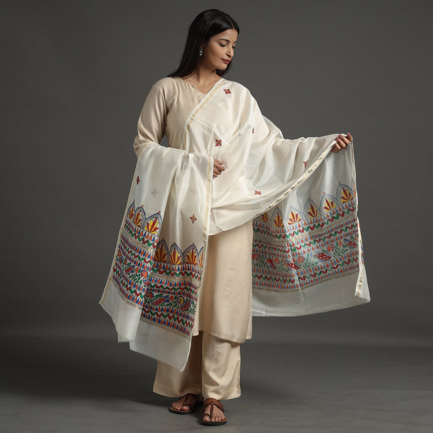 White - handloom chanderi silk handpainted madhubani