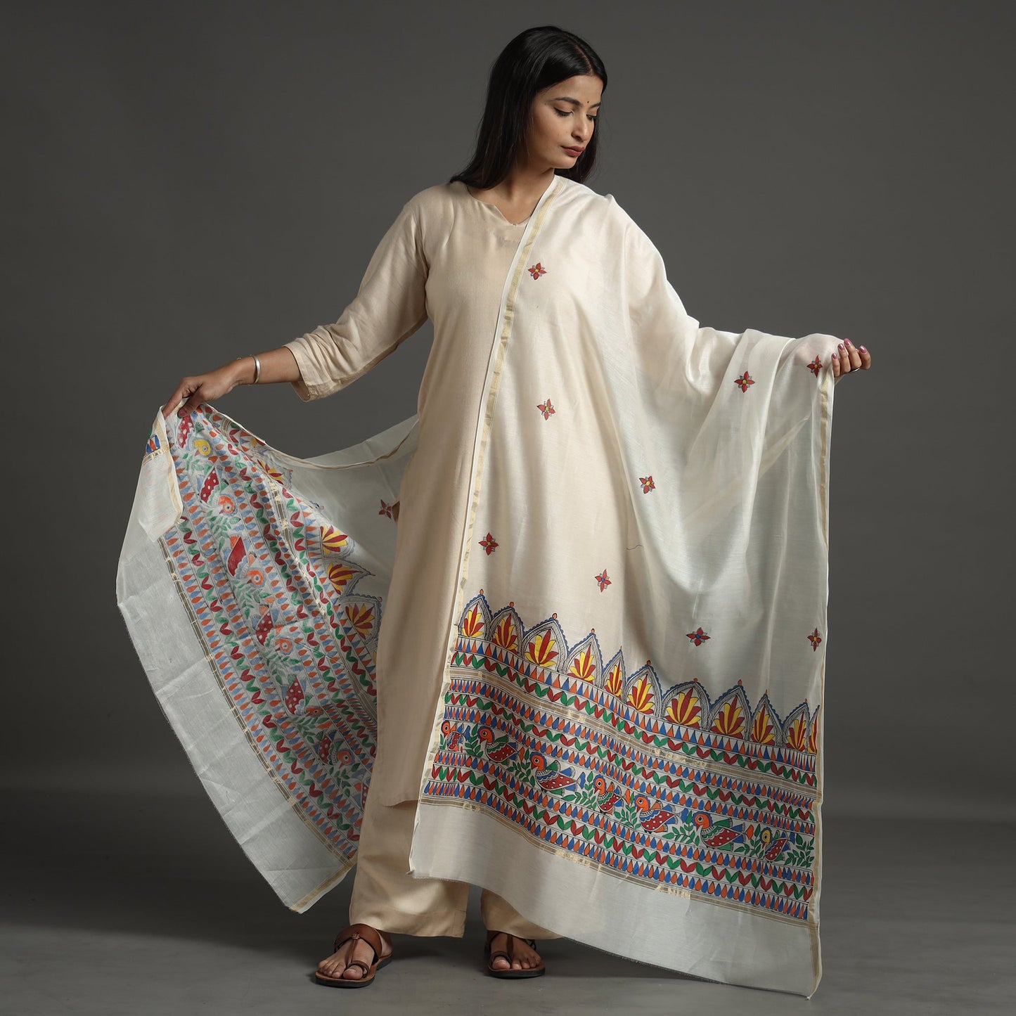 White - handloom chanderi silk handpainted madhubani