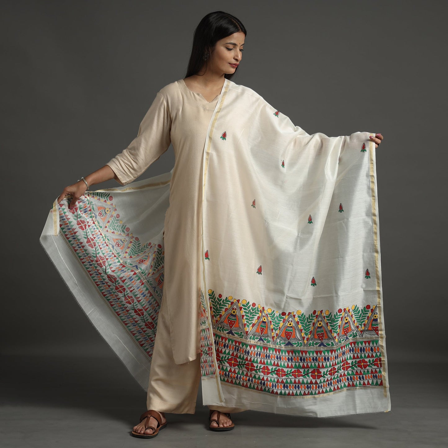 White - handloom chanderi silk handpainted madhubani