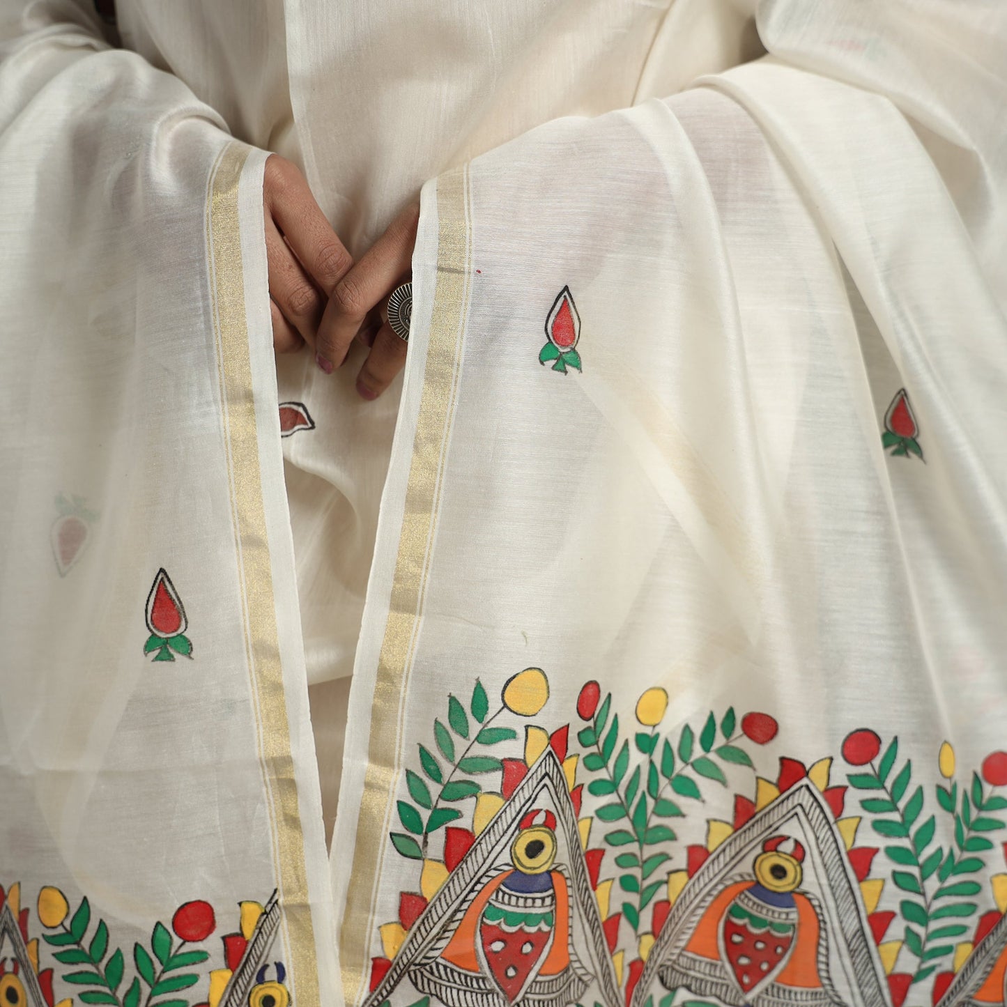 White - handloom chanderi silk handpainted madhubani