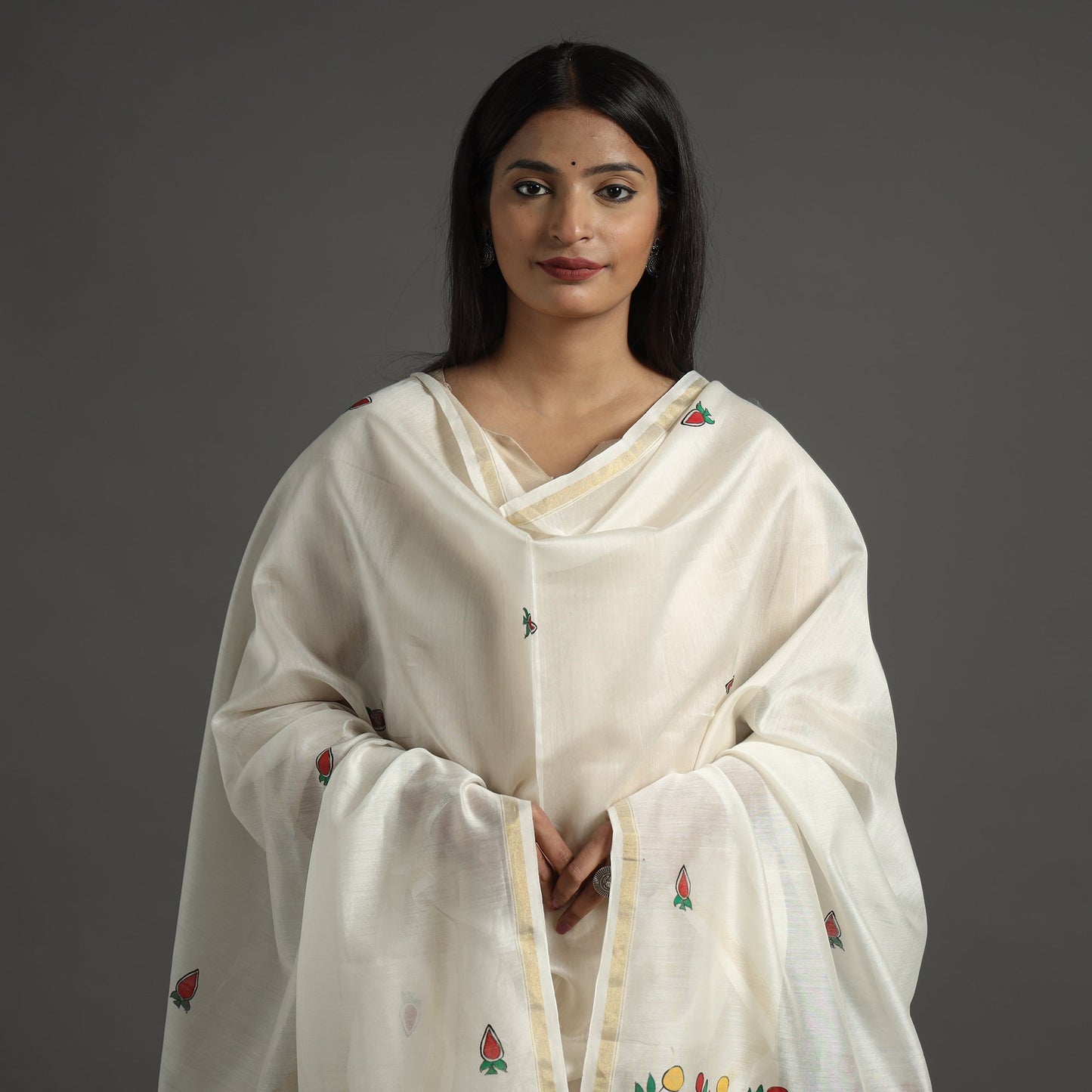 White - handloom chanderi silk handpainted madhubani