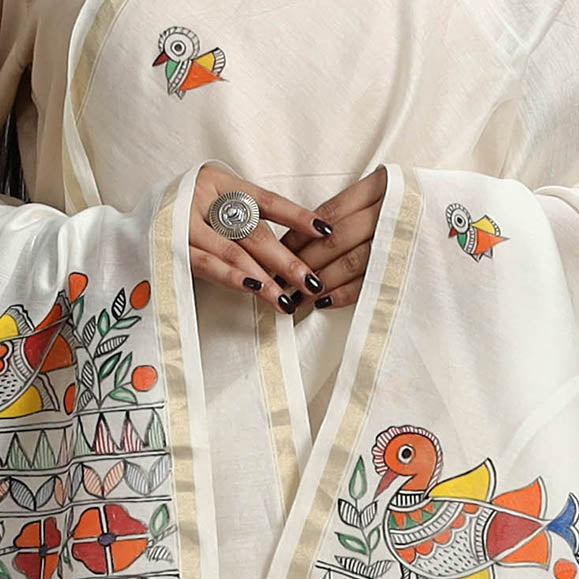 White - Handloom Chanderi Silk Handpainted Madhubani Dupatta 16