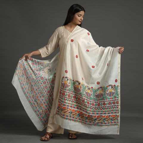 White - handloom chanderi silk handpainted madhubani
