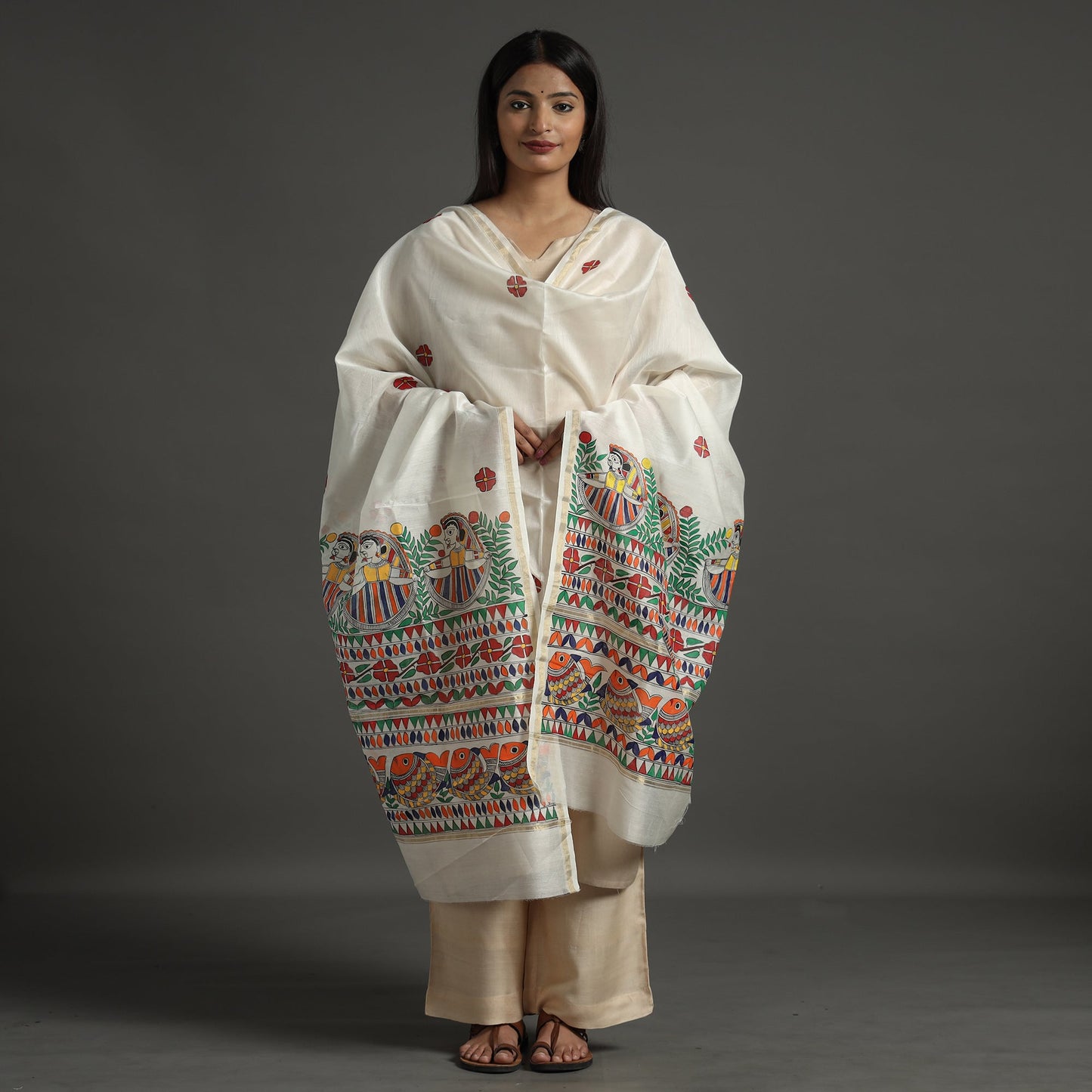 White - handloom chanderi silk handpainted madhubani