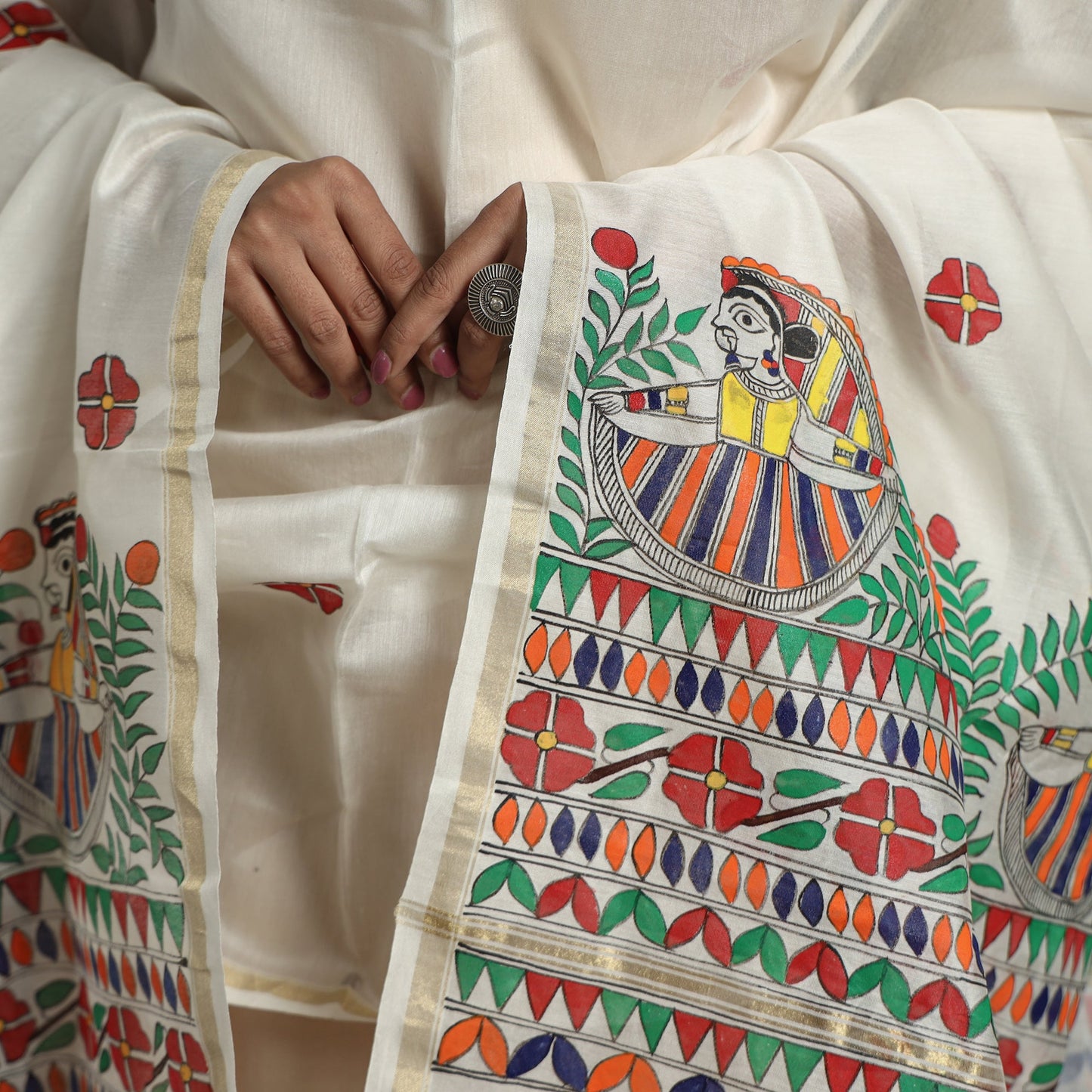 White - handloom chanderi silk handpainted madhubani