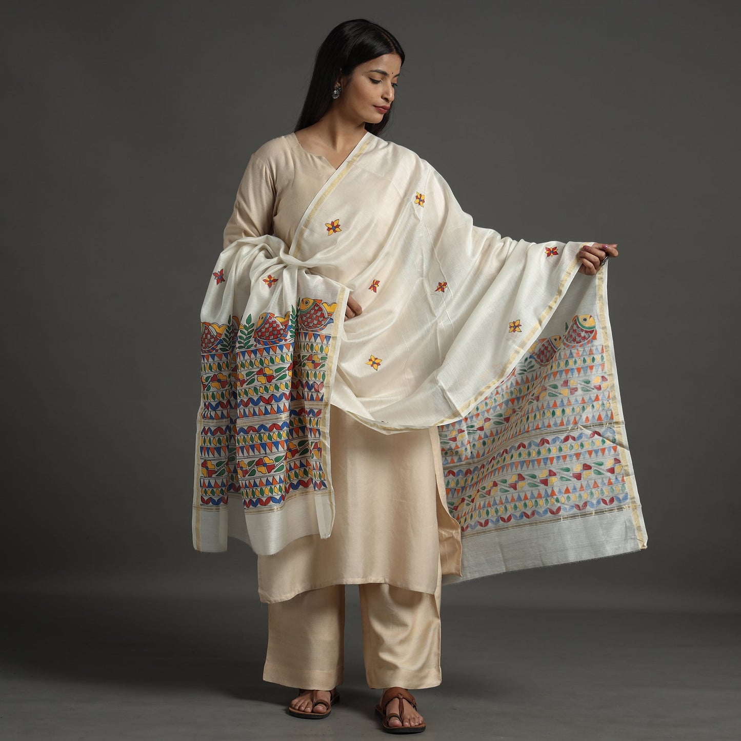 White - handloom chanderi silk handpainted madhubani