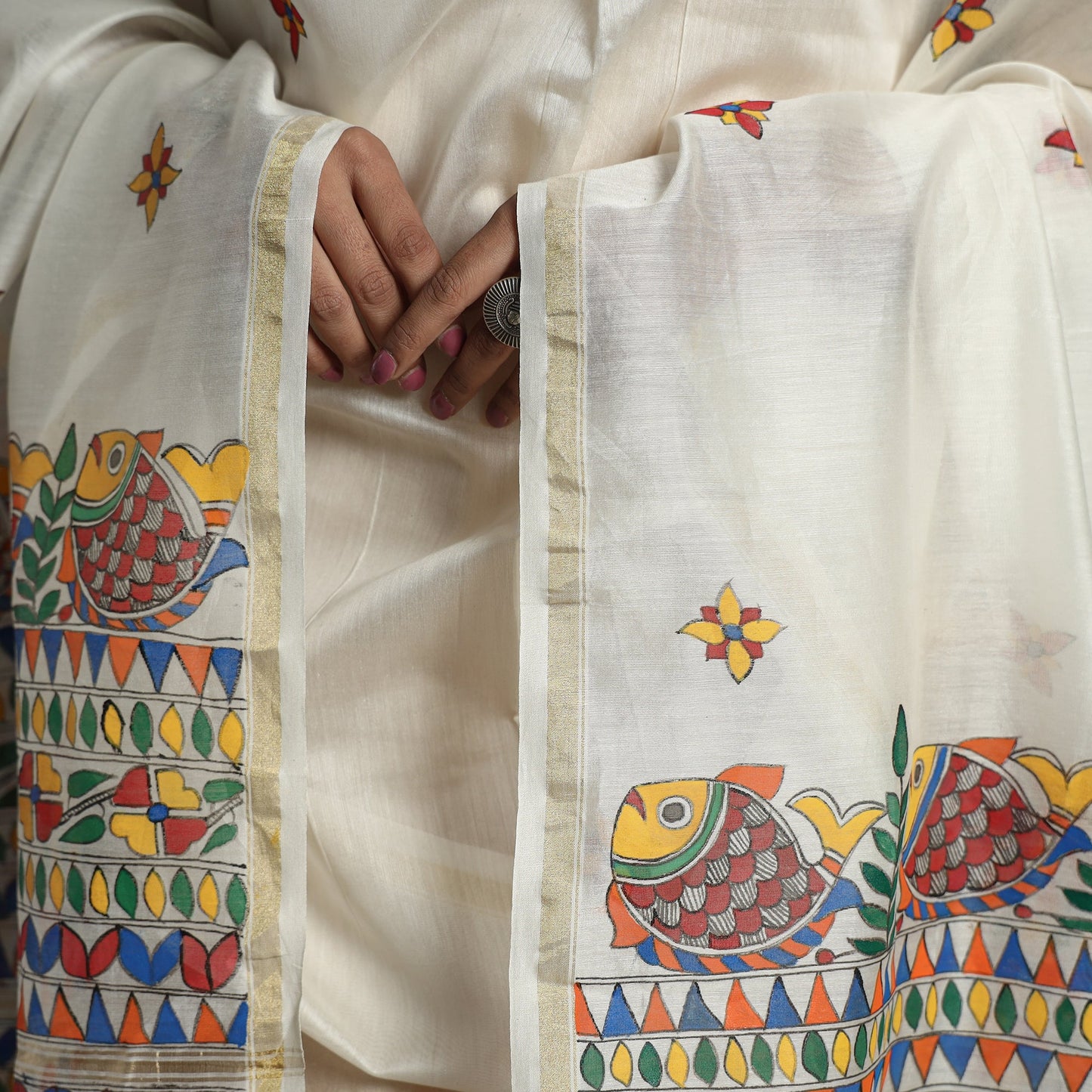 White - handloom chanderi silk handpainted madhubani