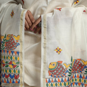 White - handloom chanderi silk handpainted madhubani