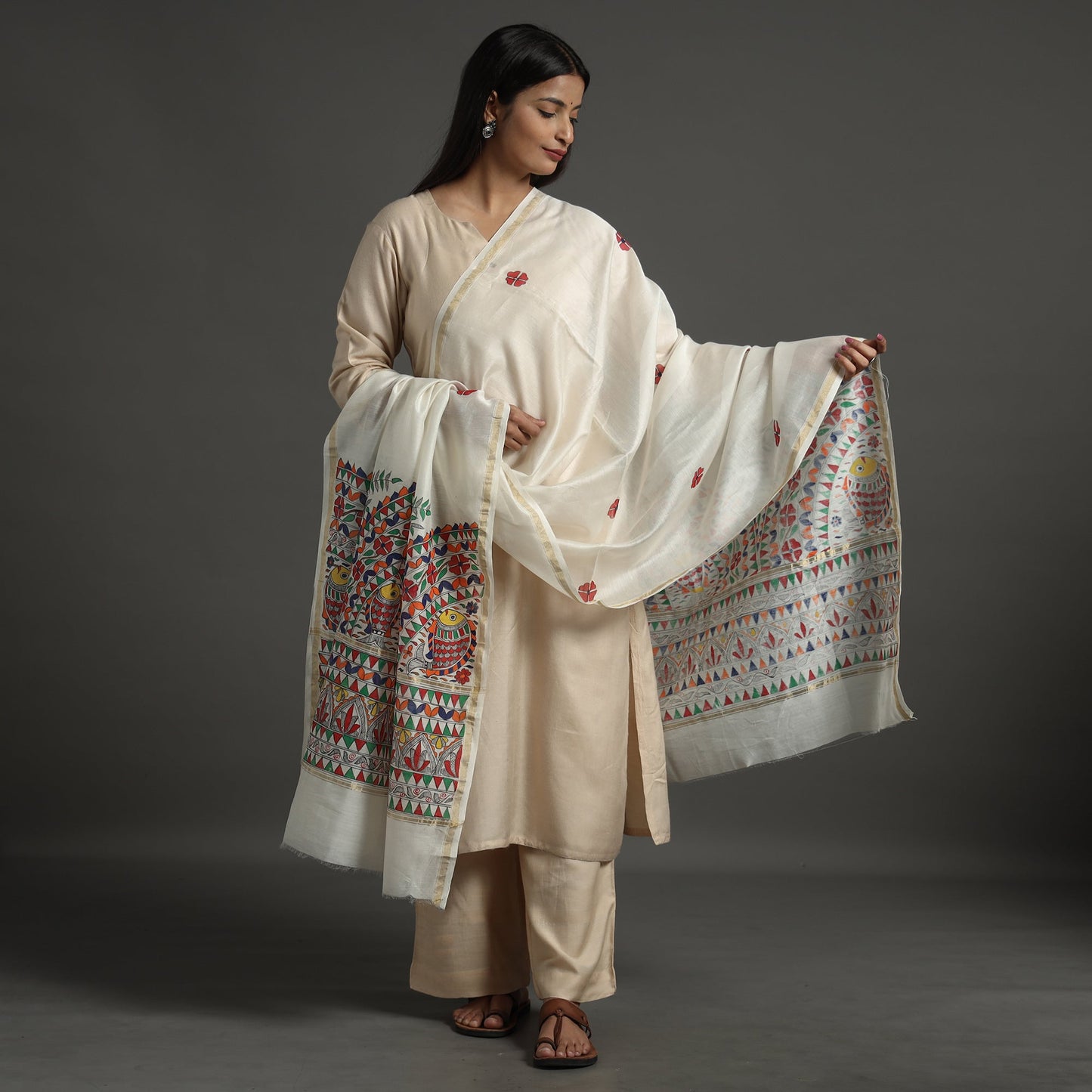 Buy Handloom Chanderi Silk Handpainted Madhubani Dupatta