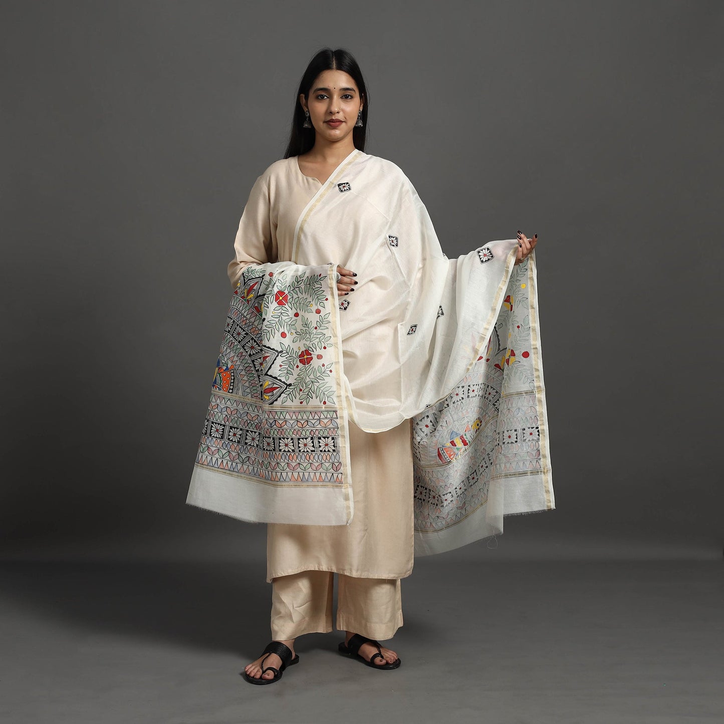 White Handloom Chanderi Silk Handpainted Madhubani Dupatta