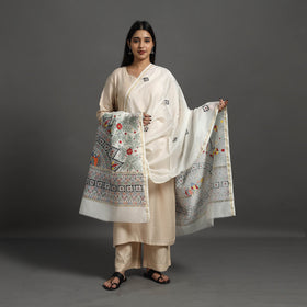 White Handloom Chanderi Silk Handpainted Madhubani Dupatta