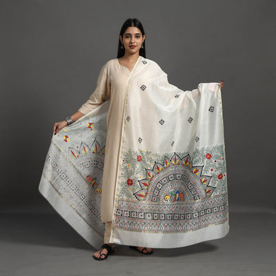 White Handloom Chanderi Silk Handpainted Madhubani Dupatta
