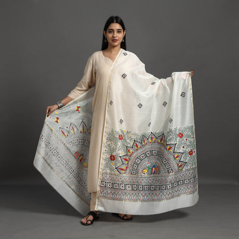 White Handloom Chanderi Silk Handpainted Madhubani Dupatta