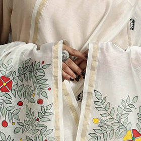 White Handloom Chanderi Silk Handpainted Madhubani Dupatta