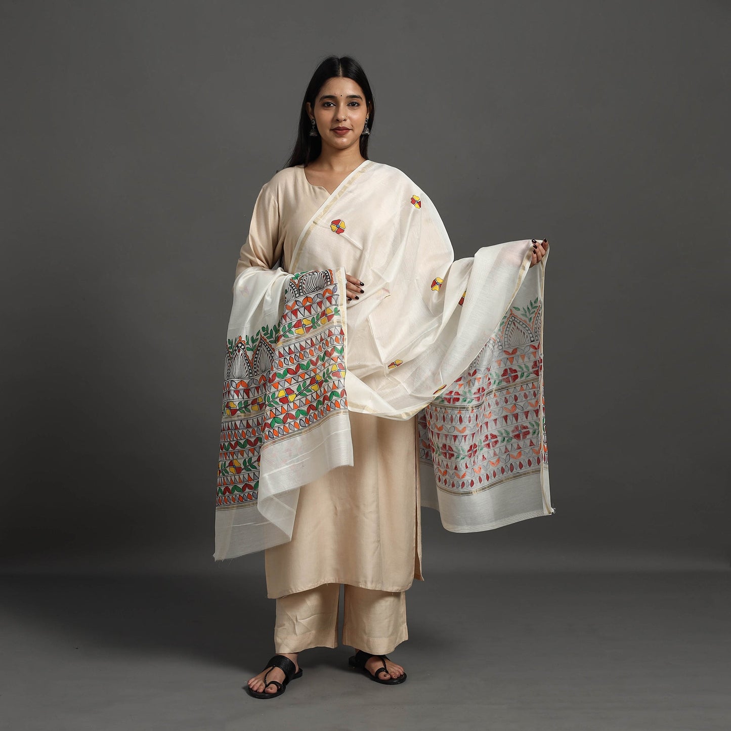White Handloom Chanderi Silk Handpainted Madhubani Dupatta